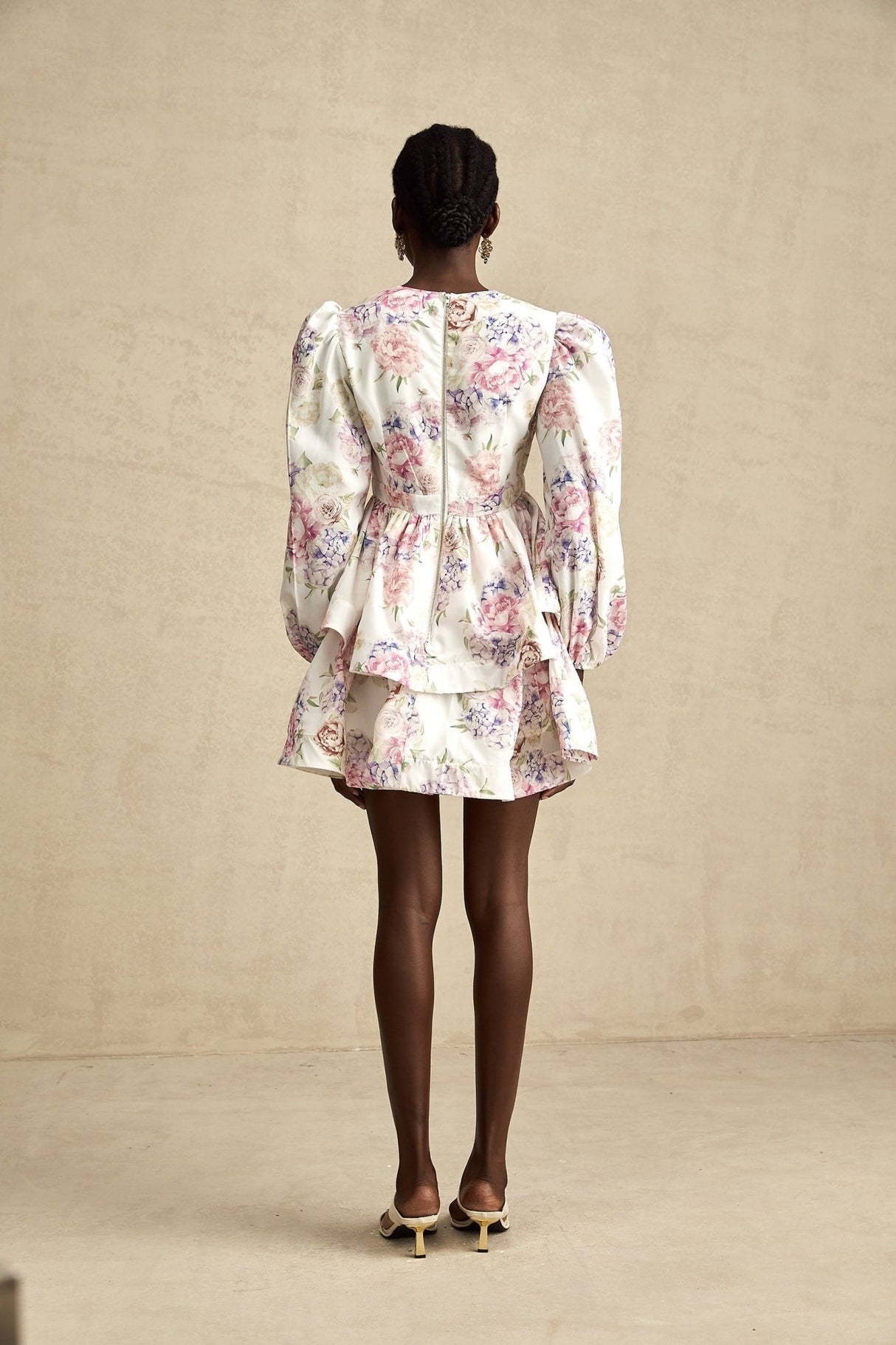 London Mini Dress Floral Tiered VNeck White Multicolor