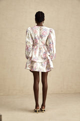 London Mini Dress Floral Tiered VNeck White Multicolor