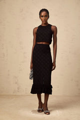 London Top & Skirt Set Crochet - Knit & Black Ruffle Detail Elastic Waist Calf - Length