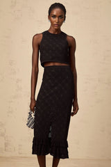 London Top & Skirt Set Crochet - Knit & Black Ruffle Detail Elastic Waist Calf - Length