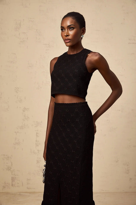 London Top & Skirt Set Crochet - Knit & Black Ruffle Detail Elastic Waist Calf - Length