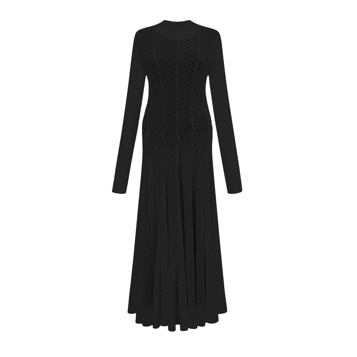 Long black maxi dress with wavy lace pattern called Athena