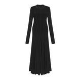 Long black maxi dress with wavy lace pattern called Athena