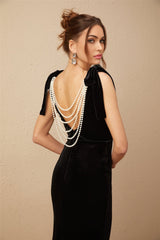 Long dark velvet maxi dress with embellishments and open back named Audrey
