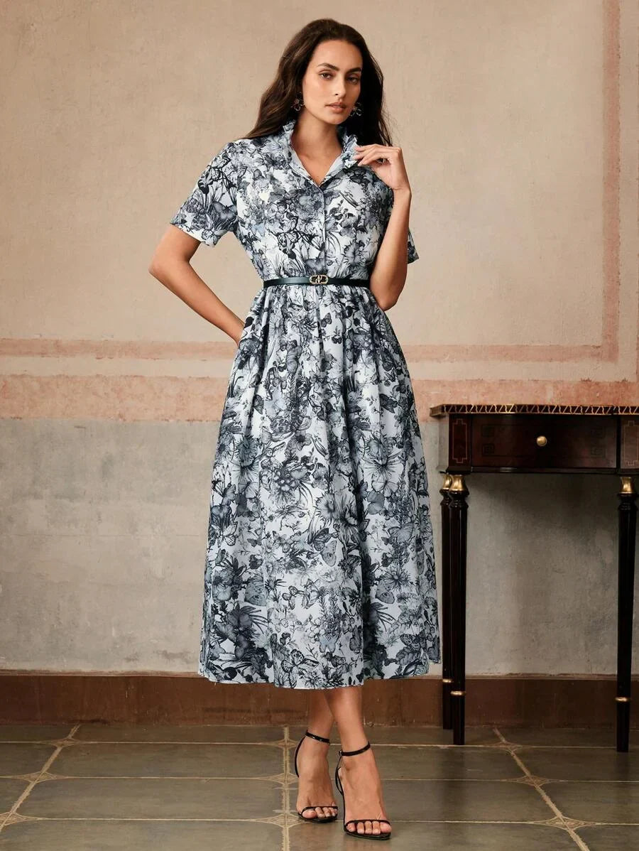 Long Floral Printed Collared Dress With Belt Elegant Dress For Women SpringSummer