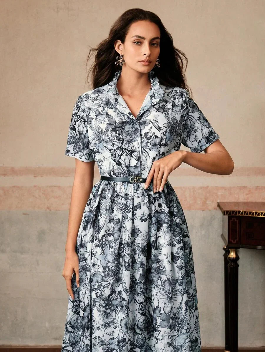 Long Floral Printed Collared Dress With Belt Elegant Dress For Women SpringSummer
