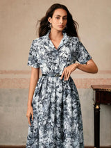Long Floral Printed Collared Dress With Belt Elegant Dress For Women SpringSummer