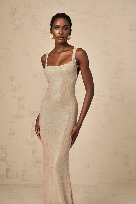 Long formal crystal embellished maxi dress with open back design
