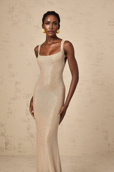 Long formal crystal embellished maxi dress with open back design