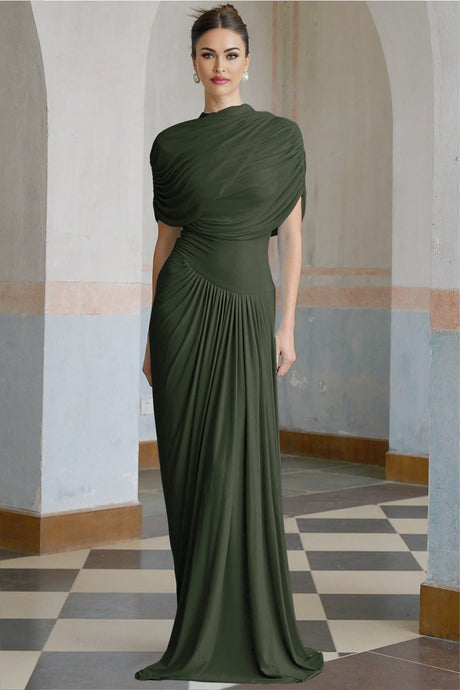 Long green asymmetric pleated maxi dress with Catherine design