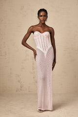 Long pink maxi dress with rhinestone embellishments and semi sheer fabric