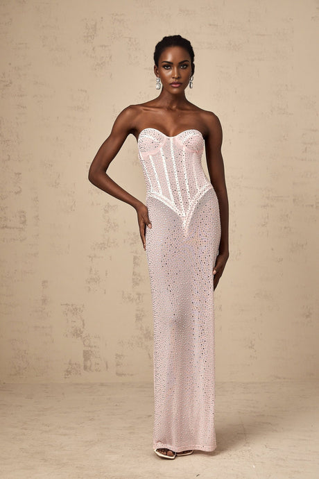 Long pink maxi dress with rhinestone embellishments and semi sheer fabric