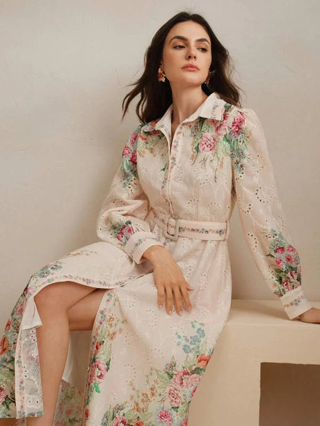 Loose French Button Down Balloon Sleeve Turndown Collar Belted Floral Print Maxi Dress Spring