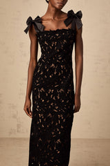 Loredana Floral Maxi Dress with Bowknot Straps and Lace Detailing