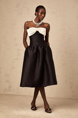 Loredana Midi Dress Black Off - Shoulder Bowknot Embellished Puff Skirt