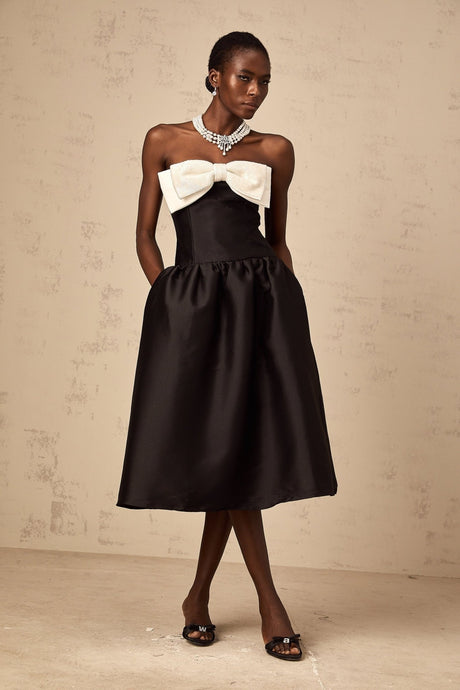 Loredana Midi Dress Black Off - Shoulder Bowknot Embellished Puff Skirt
