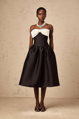Loredana Midi Dress Black Off - Shoulder Bowknot Embellished Puff Skirt