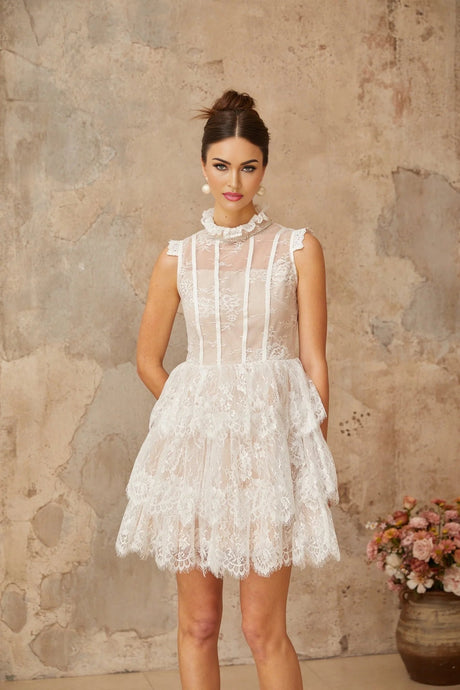 Loredana Mini Dress White Floral - Lace Crystal Embellished