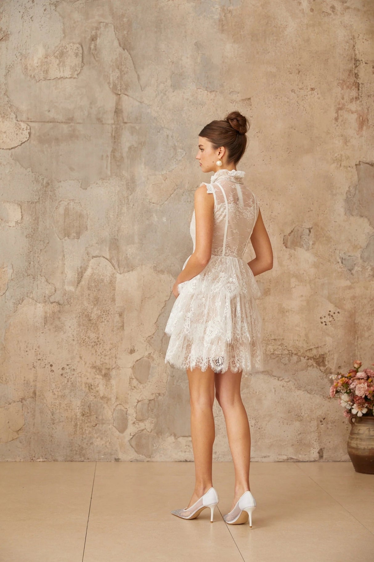 Loredana Mini Dress White Floral - Lace Crystal Embellished