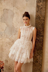 Loredana Mini Dress White Floral - Lace Crystal Embellished