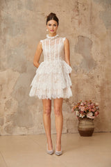 Loredana Mini Dress White Floral - Lace Crystal Embellished