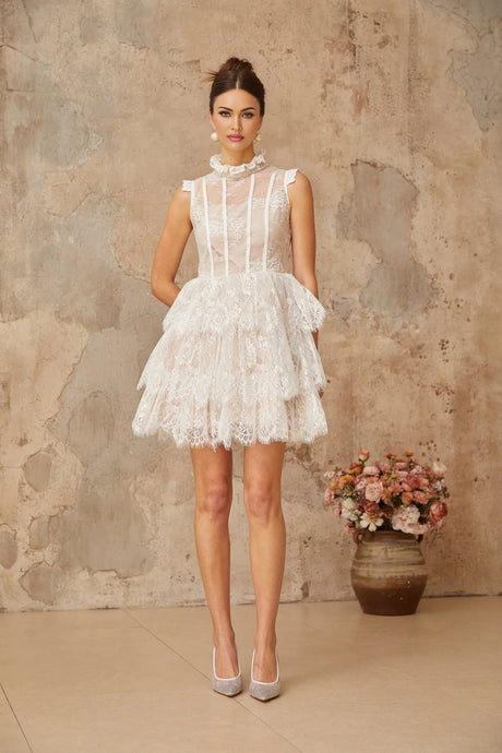 Loredana Mini Dress White Floral - Lace Crystal Embellished