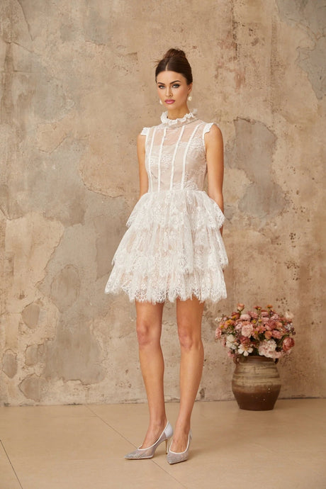 Loredana Mini Dress White Floral - Lace Crystal Embellished