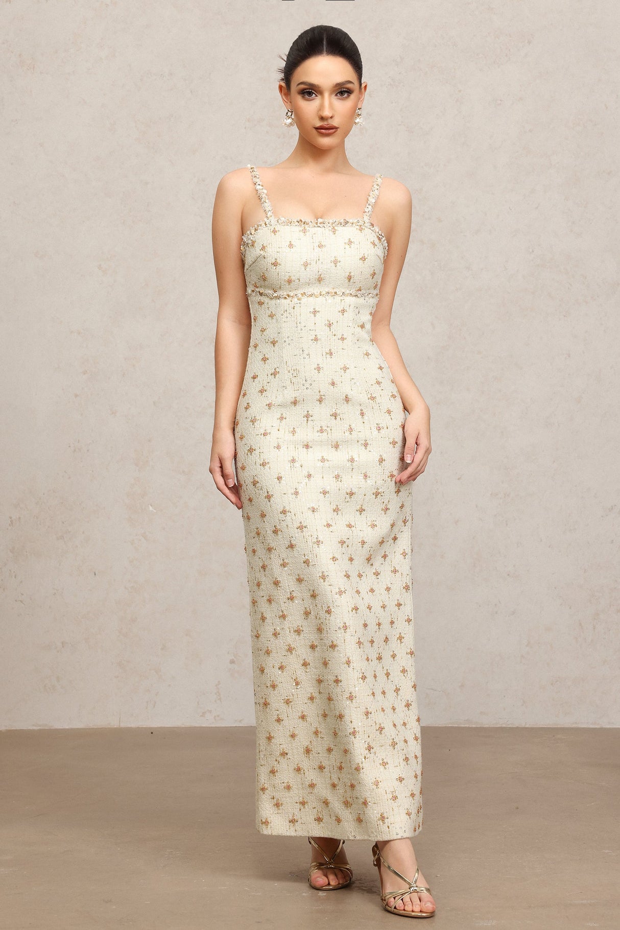 Lorelai Beige Sequin Halter Maxi Dress