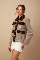 Lorelai Jacket Lorelai Houndstooth Sequin Fur Trimmed Coat