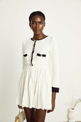 Lorelai Mini Dress White Black Ribbed Knit Pleated Trim & Pockets