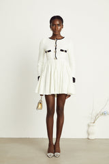 Lorelai Mini Dress White Black Ribbed Knit Pleated Trim & Pockets