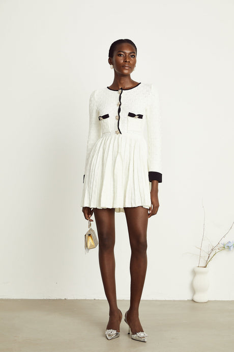 Lorelai Mini Dress White Black Ribbed Knit Pleated Trim & Pockets