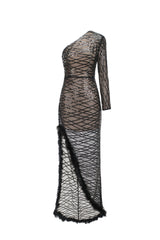 Lorelei Black Sequin Feather Trim One Shoulder Slit Dress