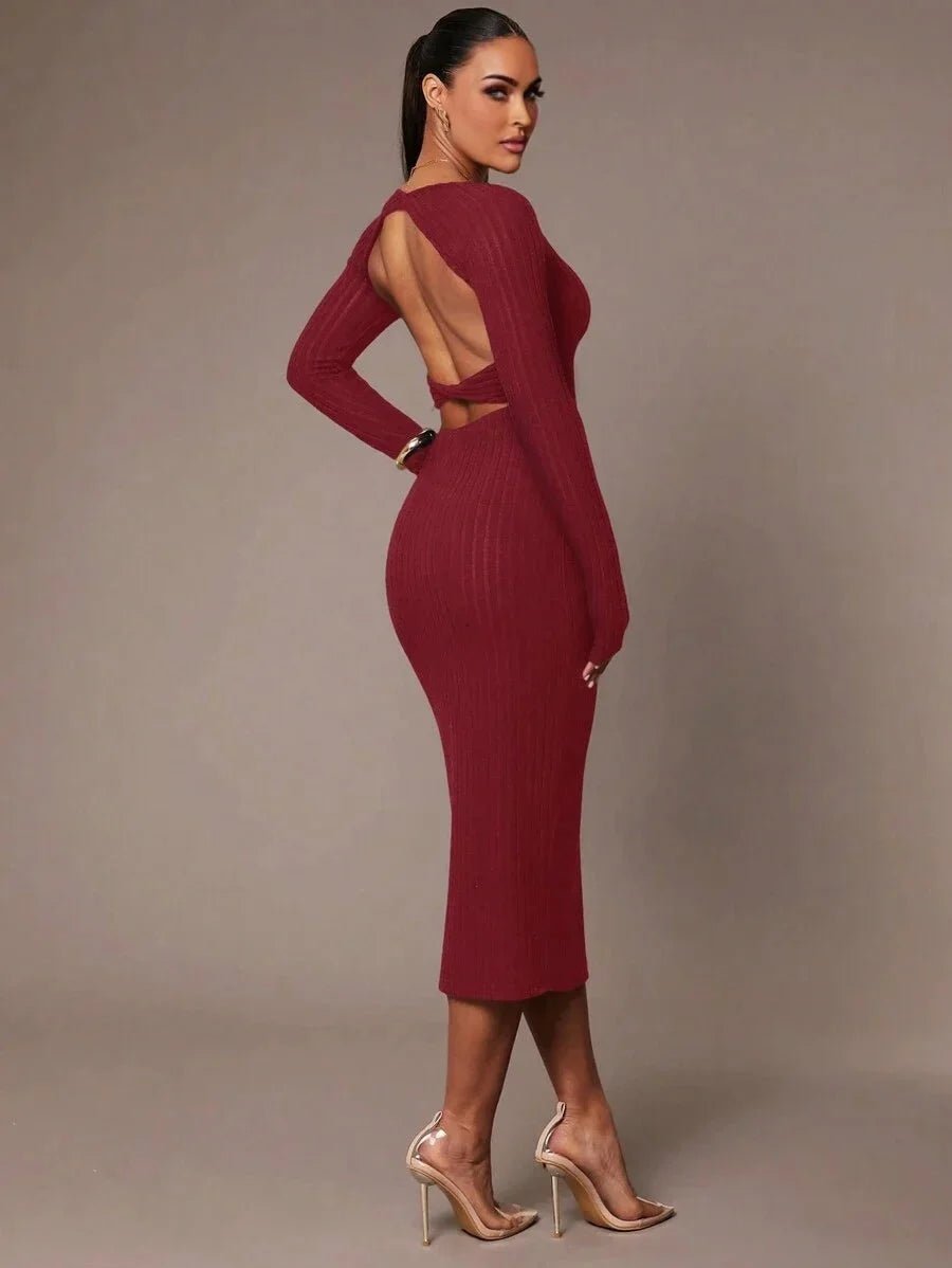 Lorelei Midi Dress - Elegant Style - Backless Design - Rib - Knit Details - Slim Fit - High Stretch Fabric