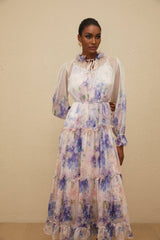 Lorelei Midi Dress - Frilled Neck - Puff Sleeves - Tied Waist - Floral Print - Tiered Design
