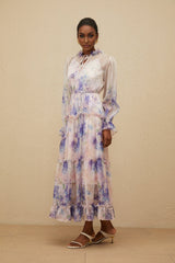 Lorelei Midi Dress - Frilled Neck - Puff Sleeves - Tied Waist - Floral Print - Tiered Design
