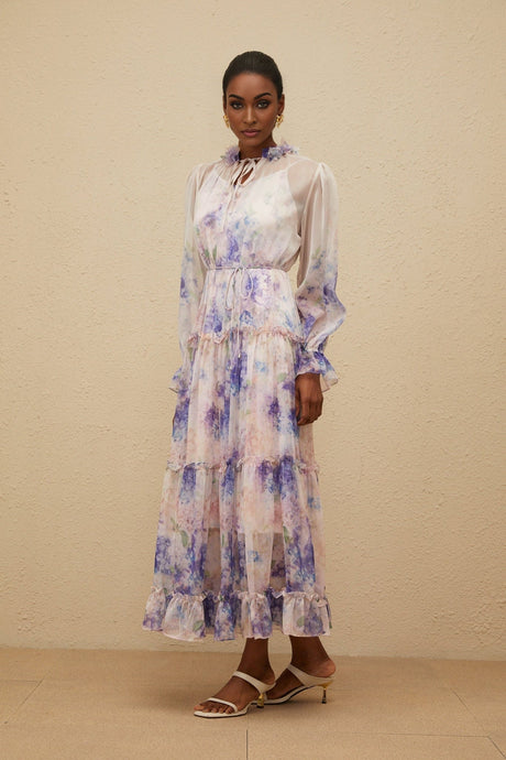 Lorelei Midi Dress - Frilled Neck - Puff Sleeves - Tied Waist - Floral Print - Tiered Design