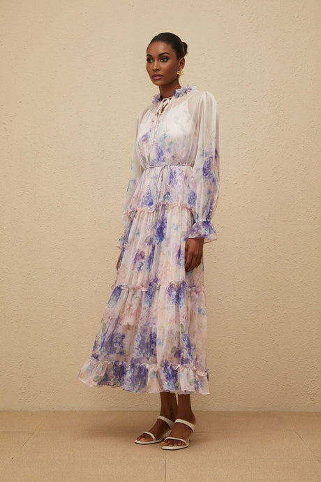 Lorelei Midi Dress - Frilled Neck - Puff Sleeves - Tied Waist - Floral Print - Tiered Design