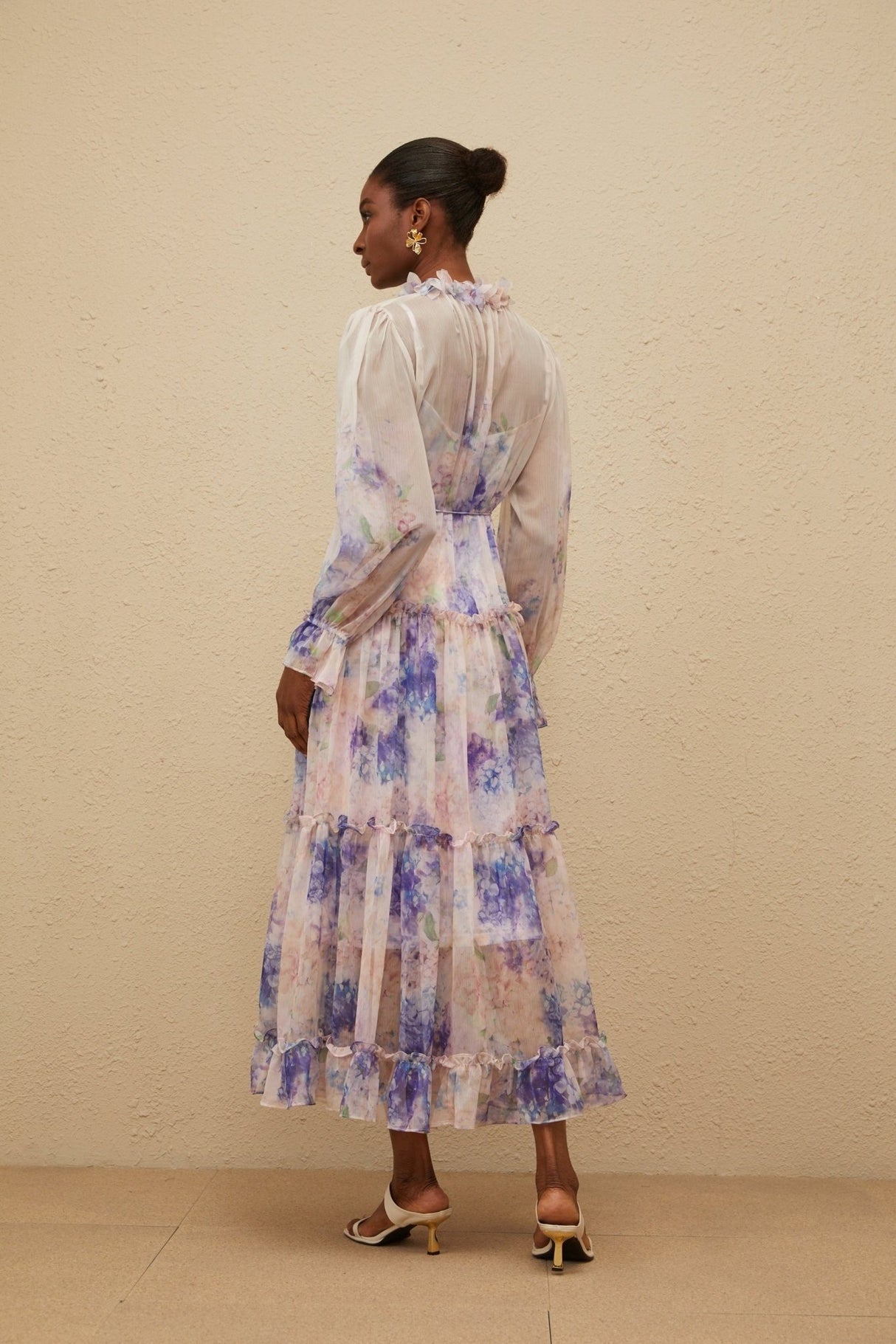 Lorelei Midi Dress - Frilled Neck - Puff Sleeves - Tied Waist - Floral Print - Tiered Design
