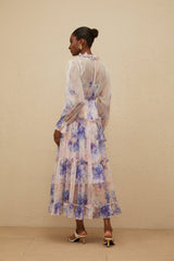 Lorelei Midi Dress - Frilled Neck - Puff Sleeves - Tied Waist - Floral Print - Tiered Design