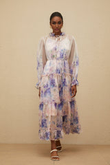 Lorelei Midi Dress - Frilled Neck - Puff Sleeves - Tied Waist - Floral Print - Tiered Design