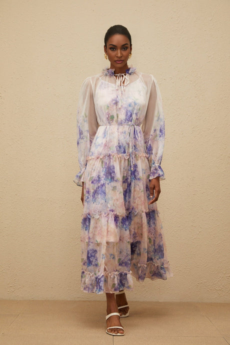 Lorelei Midi Dress - Frilled Neck - Puff Sleeves - Tied Waist - Floral Print - Tiered Design