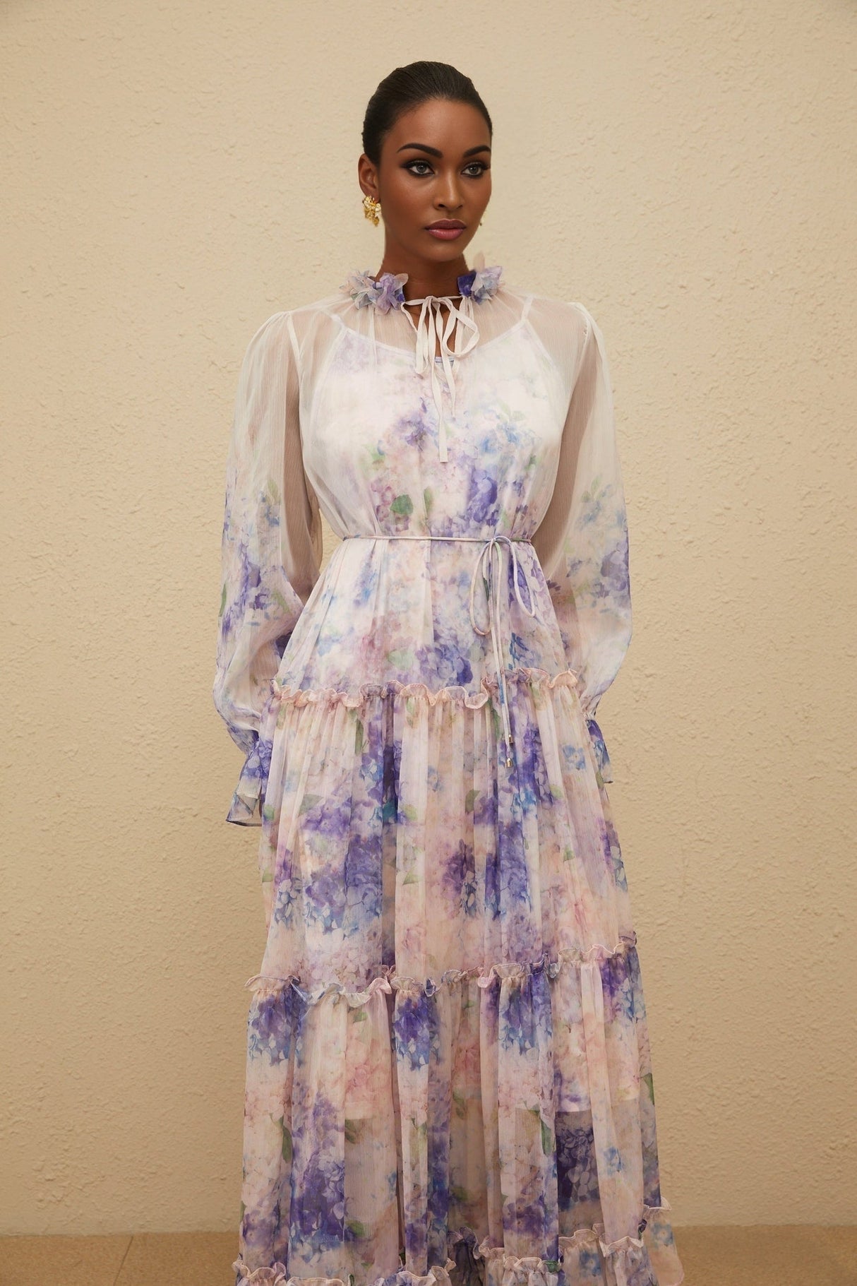 Lorelei Midi Dress - Frilled Neck - Puff Sleeves - Tied Waist - Floral Print - Tiered Design