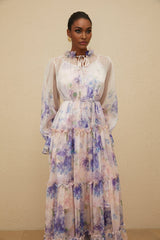 Lorelei Midi Dress - Frilled Neck - Puff Sleeves - Tied Waist - Floral Print - Tiered Design
