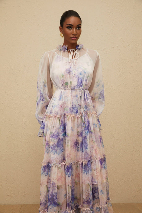 Lorelei Midi Dress - Frilled Neck - Puff Sleeves - Tied Waist - Floral Print - Tiered Design