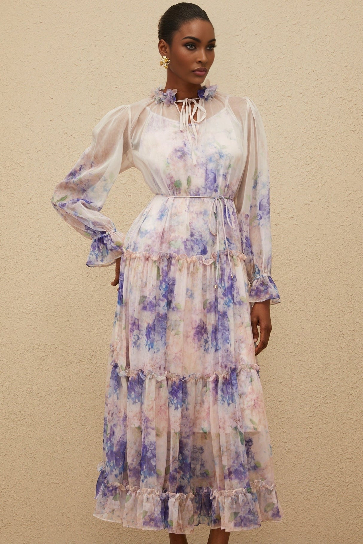 Lorelei Midi Dress - Frilled Neck - Puff Sleeves - Tied Waist - Floral Print - Tiered Design