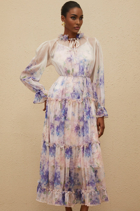 Lorelei Midi Dress - Frilled Neck - Puff Sleeves - Tied Waist - Floral Print - Tiered Design