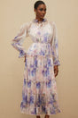 Lorelei Midi Dress - Frilled Neck - Puff Sleeves - Tied Waist - Floral Print - Tiered Design