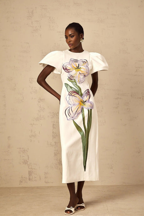 Lorelei Midi Dress White Sequin Floral Embroidered