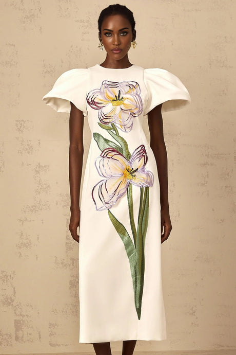 Lorelei Midi Dress White Sequin Floral Embroidered